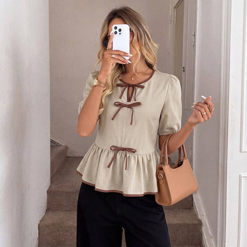 Sweetheart Bow Peplum Top-Oatmeal