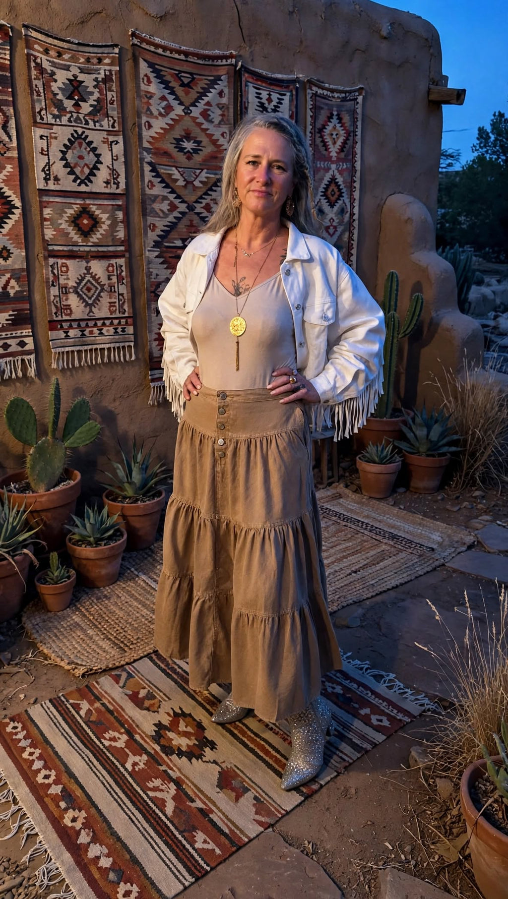 Vintage Wash Tiered Denim Maxi Skirt - Khaki