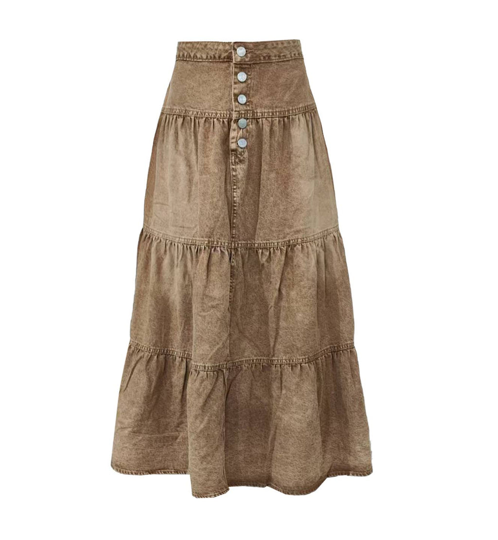 Vintage Wash Tiered Denim Maxi Skirt - Khaki