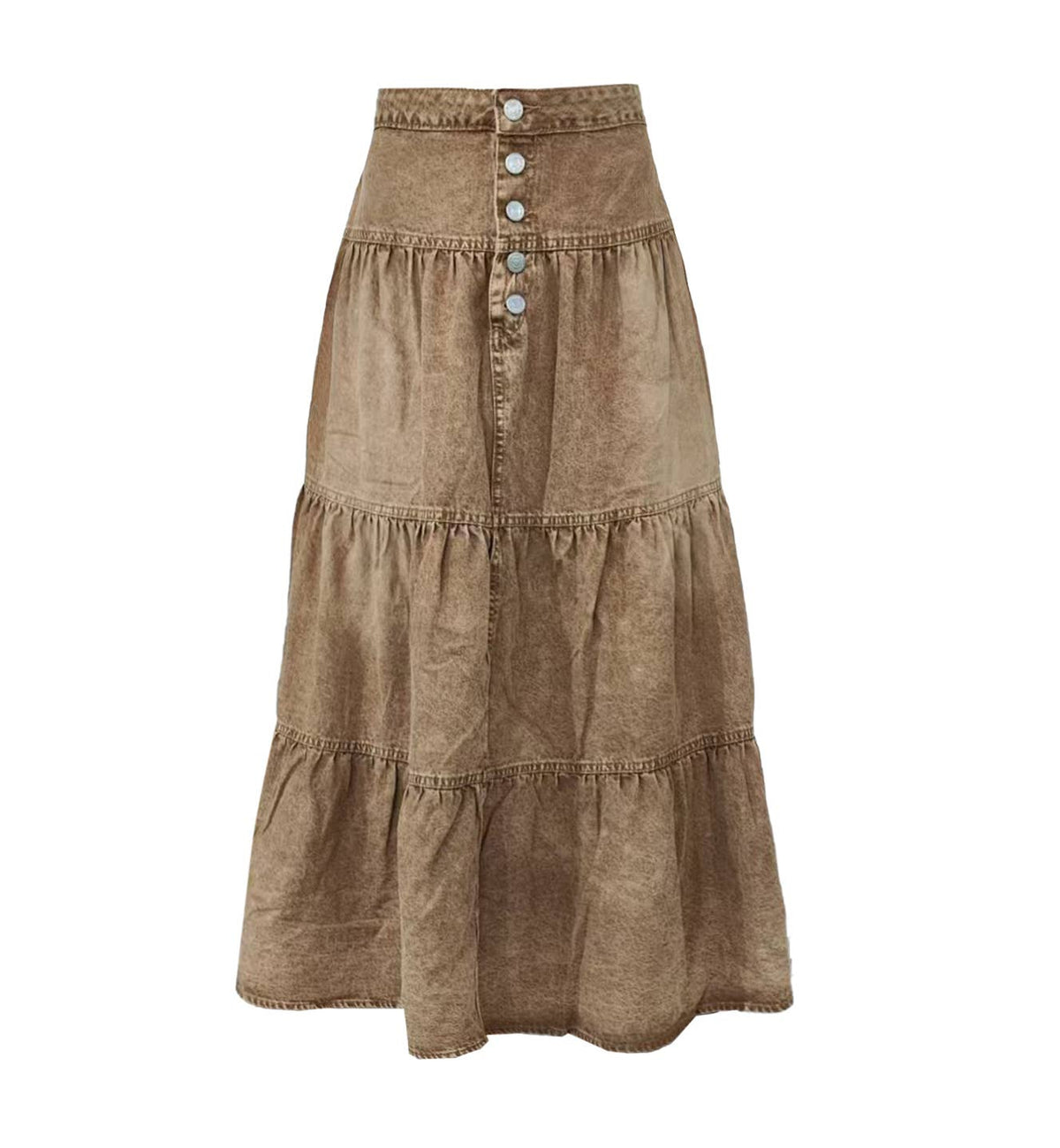 Vintage Wash Tiered Denim Maxi Skirt - Khaki