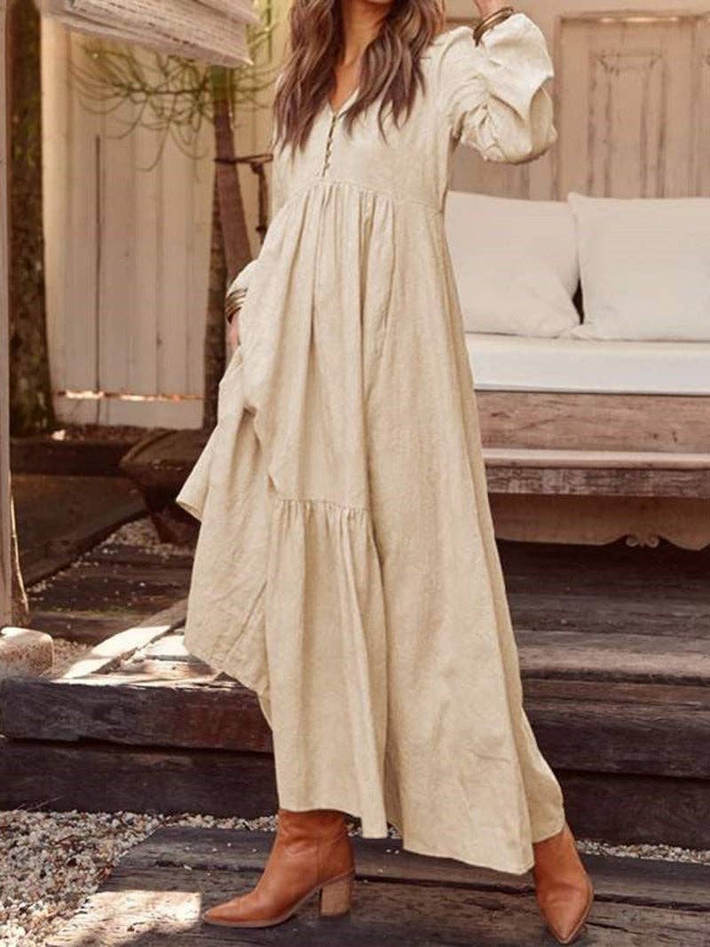 The Pampas Dream Lace-Up Midi Dress - Oatmeal