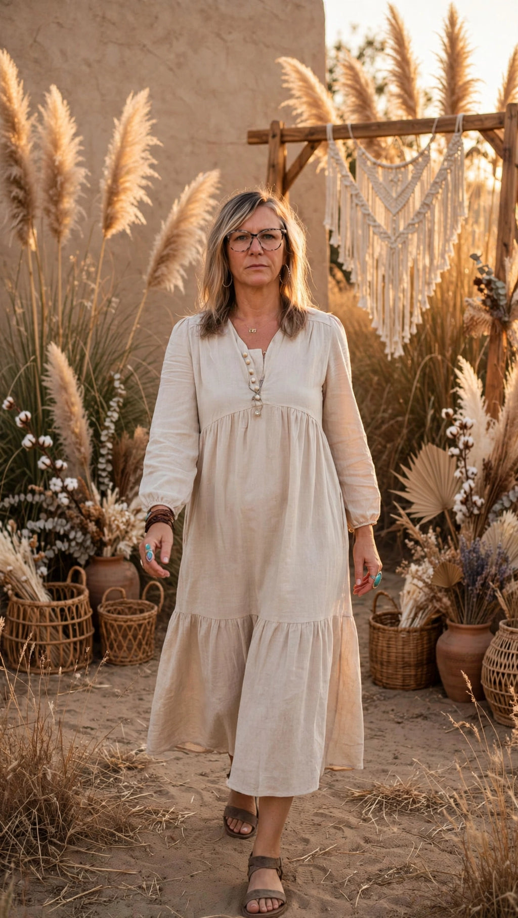 The Pampas Dream Lace-Up Midi Dress - Oatmeal