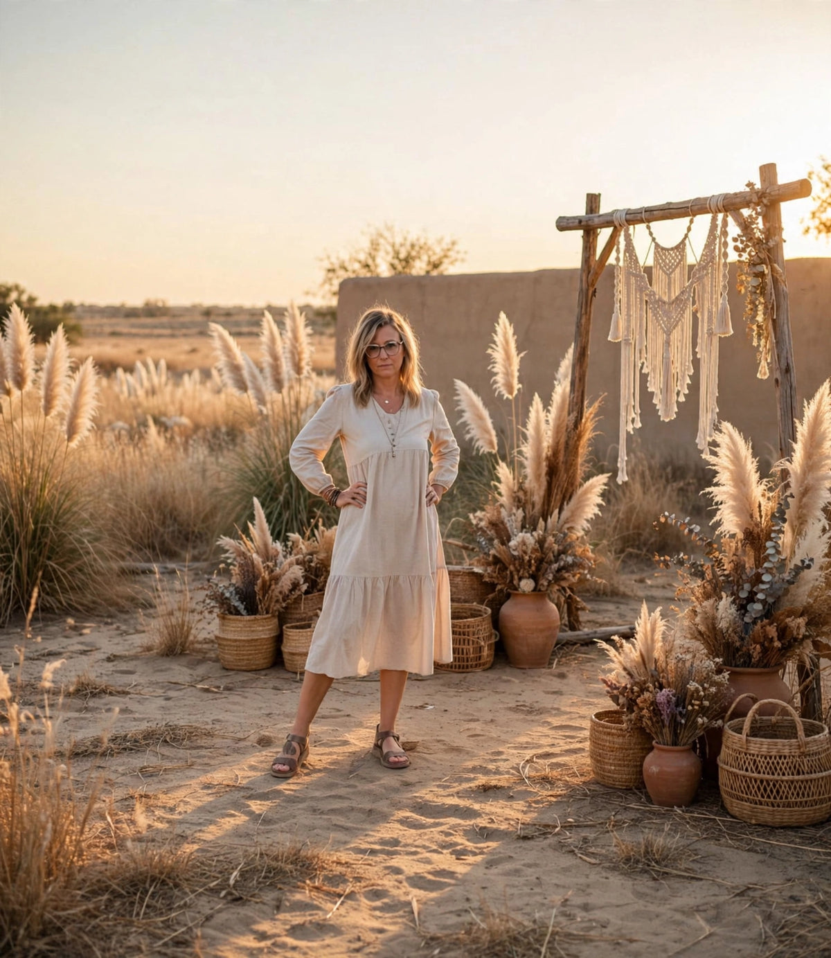 The Pampas Dream Lace-Up Midi Dress - Oatmeal