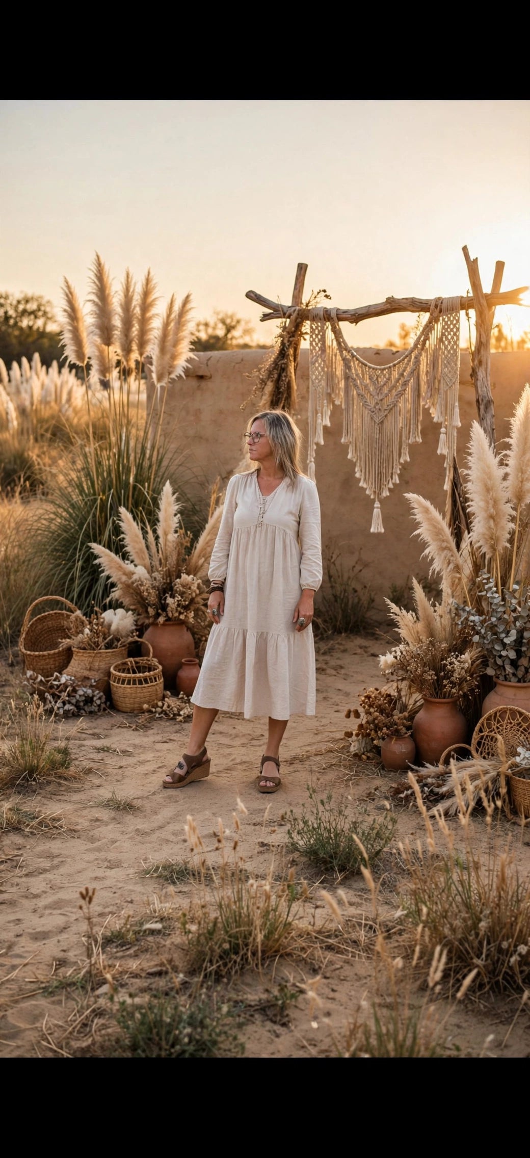 The Pampas Dream Lace-Up Midi Dress - Oatmeal