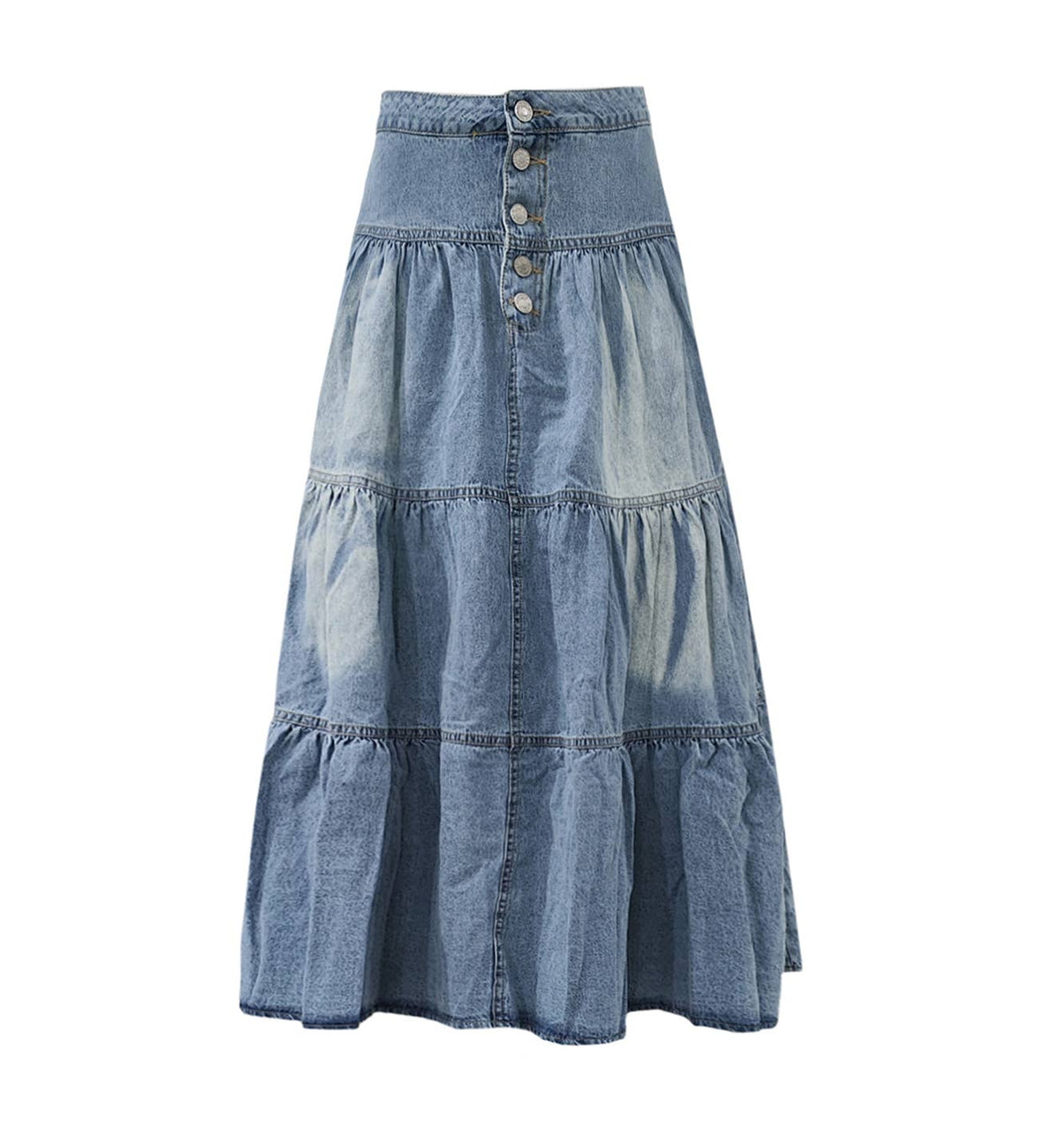 Vintage Wash Tiered Denim Maxi Skirt - Khaki