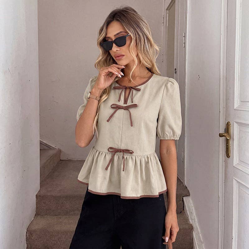 Sweetheart Bow Peplum Top-Oatmeal